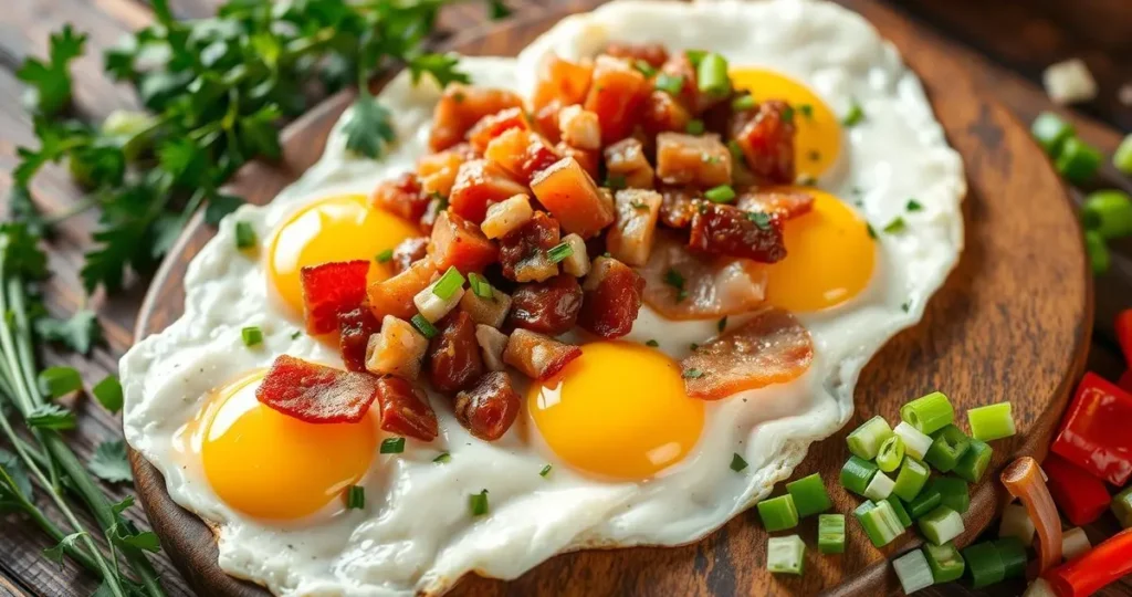 A colorful array of scrambled eggs garnished with various hearty meats, including crispy bacon strips, diced ham, and sautéed chorizo, nestled on a rustic wooden table, surrounded by fresh herbs and vibrant vegetables like chopped green onions and bell peppers.