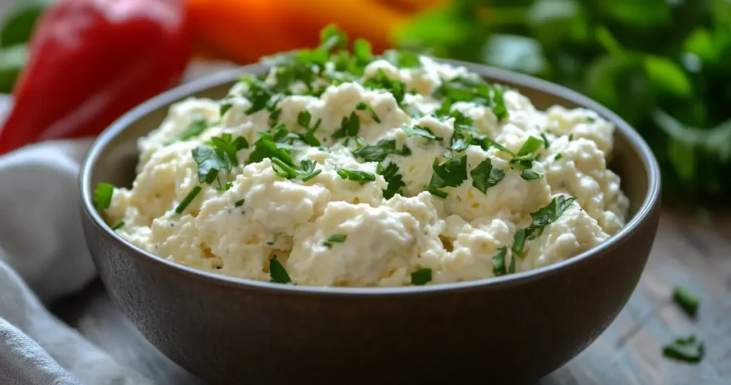 Fluffy scrambled eggs with creamy cottage cheese, garnished with fresh herbs and colorful veggies like bell peppers and spinach. The dish is set on a rustic wooden table with soft morning light illuminating the scene, creating a warm and inviting breakfast atmosphere.