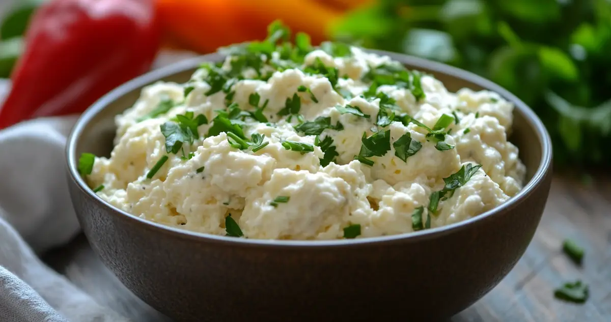 Fluffy scrambled eggs with creamy cottage cheese, garnished with fresh herbs and colorful veggies like bell peppers and spinach. The dish is set on a rustic wooden table with soft morning light illuminating the scene, creating a warm and inviting breakfast atmosphere.