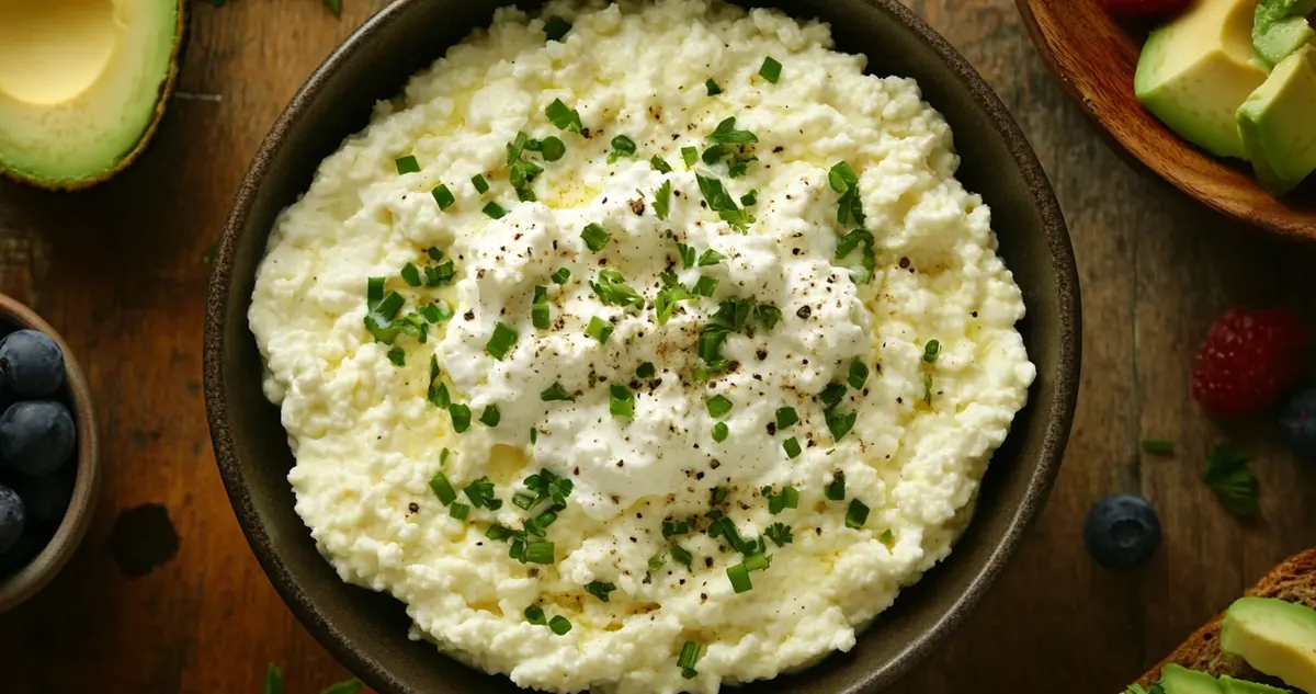 A close-up of scrambled eggs mixed with cottage cheese, showing a slightly watery texture in a skillet. The eggs are soft and creamy with some liquid pooling around them. The scene is set in a cozy kitchen, with a wooden spoon and herbs visible as decoration.