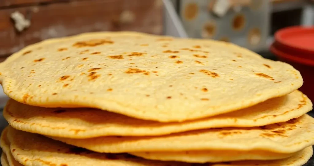 A close-up of a stack of corn tortillas, showcasing their texture and color, with a subtle background hinting at signs of spoilage like slight discoloration or mold, natural lighting emphasizing the details.