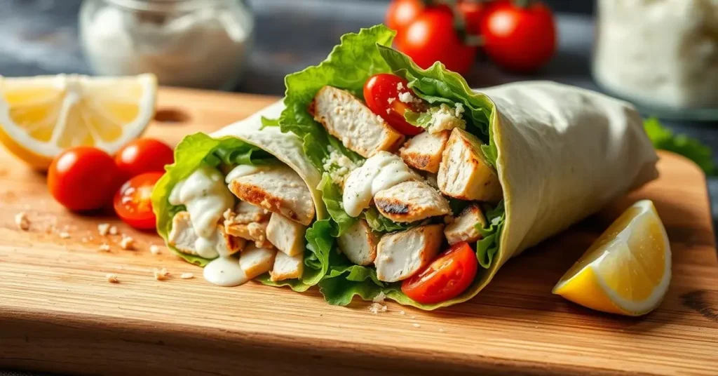 A fresh Chicken Caesar Wrap on a wooden cutting board, featuring grilled chicken slices, crisp romaine lettuce, creamy Caesar dressing, and grated Parmesan cheese, showcasing vibrant colors with the wrap partially opened to reveal the delicious filling, surrounded by fresh ingredients like cherry tomatoes and a lemon wedge, in a natural kitchen setting with soft lighting.