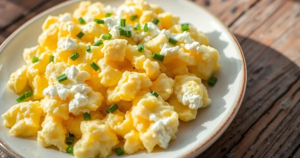 A close-up of a fluffy plate of scrambled eggs, enriched with creamy cottage cheese, lightly garnished with fresh chives, on a rustic wooden table, natural light highlighting the textures and colors of the dish.