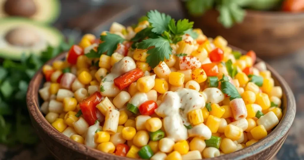 A vibrant bowl of elote pasta salad, featuring colorful corn kernels, tender pasta, diced bell peppers, and a creamy dressing, garnished with fresh cilantro and a sprinkle of chili powder, presented in a rustic wooden serving dish, with a blurred outdoor setting in the background.