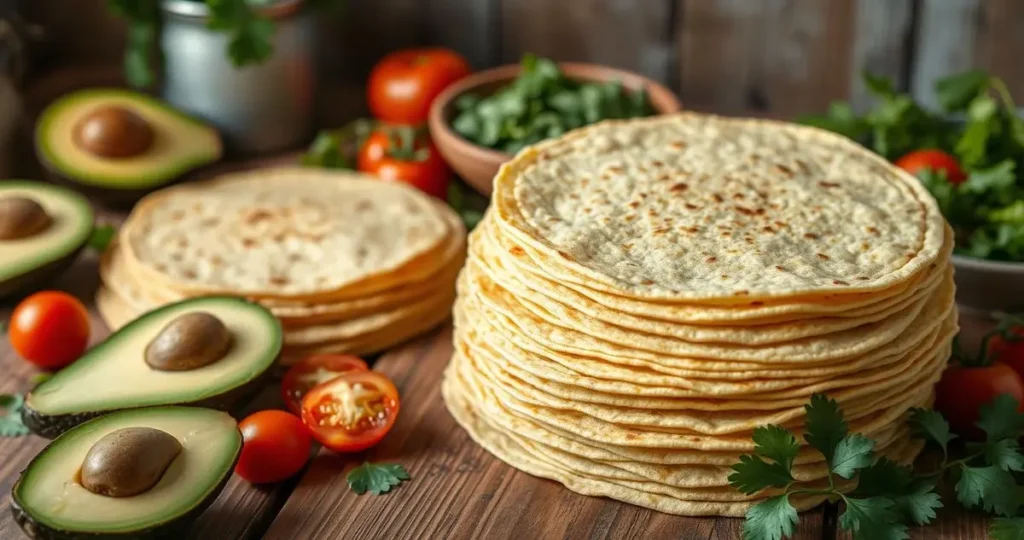 A vibrant kitchen scene featuring a variety of colorful corn tortillas stacked on a rustic wooden table, surrounded by fresh vegetables like avocados, tomatoes, and peppers, with a backdrop of healthy dishes prepared using corn tortillas, showcasing their texture and golden hue, emphasizing a wholesome and nutritious atmosphere.