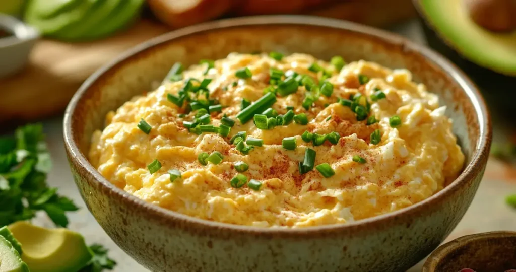 Close-up of a bowl of creamy scrambled eggs mixed with cottage cheese, garnished with fresh chives and paprika, surrounded by healthy sides like avocado, toast, and fresh berries. The warm, rustic setting conveys a cozy, nutritious breakfast.