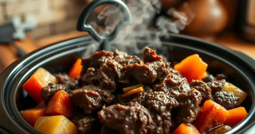 A close-up of a hearty crockpot filled with meltingly tender beef, surrounded by colorful vegetables like carrots and potatoes, steam rising from the lid, warm, inviting lighting highlighting the rich textures of the beef, a rustic kitchen setting in the background.