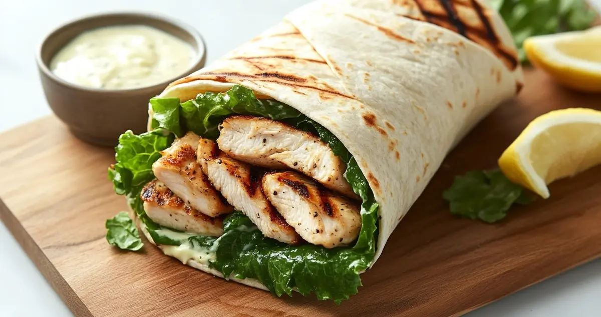 A Grilled Chicken Caesar Wrap, with tender grilled chicken, crisp lettuce, and creamy Caesar dressing wrapped in a soft tortilla, cut in half to showcase the fresh ingredients, set on a wooden cutting board with lemon wedges and a small bowl of Caesar dressing on the side.