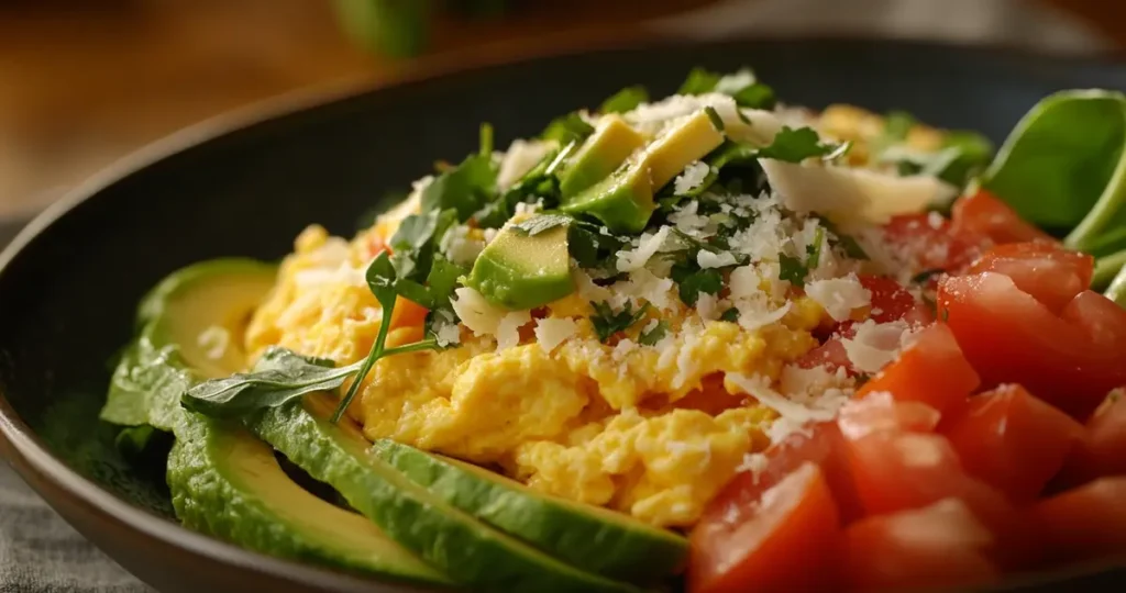 A plate of scrambled eggs enhanced with fresh herbs, cheese, vegetables, and avocado, showcasing a healthy and flavorful breakfast option.