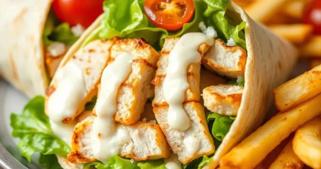 A close-up of a tasty grilled chicken Caesar wrap, filled with fresh romaine lettuce, creamy Caesar dressing, grilled chicken slices, and sprinkled with Parmesan cheese, wrapped in a warm tortilla, garnished with cherry tomatoes and a side of crispy fries, vibrant colors and textures, natural lighting.