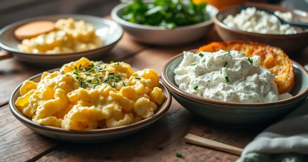 A vibrant breakfast spread featuring fluffy scrambled eggs with a creamy texture, served alongside a generous scoop of cottage cheese, garnished with fresh herbs like chives or parsley, all displayed on a rustic wooden table; soft morning light illuminating the scene, evoking a sense of health and vitality.
