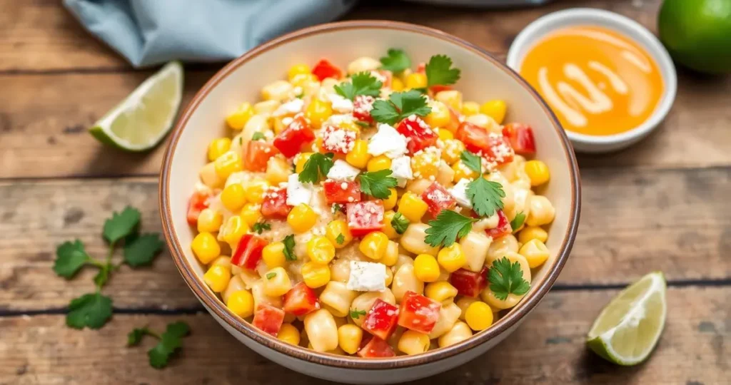 A vibrant and colorful bowl of elote pasta salad, featuring creamy sauce, bright yellow corn kernels, diced red bell peppers, fresh cilantro, and a sprinkle of cotija cheese, set against a rustic wooden table, with a light drizzle of spicy mayo and lime wedges on the side.