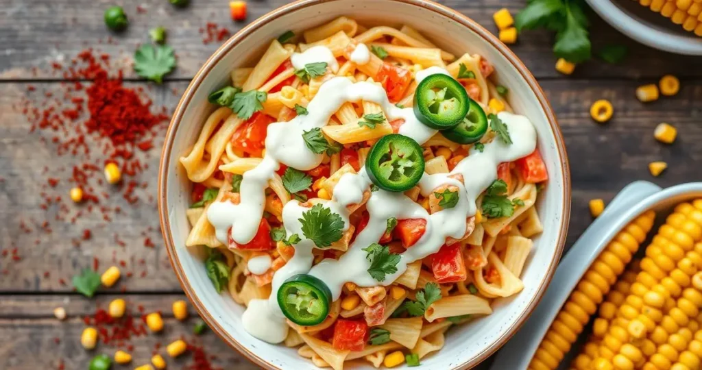 A vibrant bowl of pasta salad featuring colorful elote-inspired ingredients, creamy dressing drizzled on top, garnished with fresh cilantro and sliced jalapeños, surrounded by scattered chili powder and roasted corn, set against a rustic wooden table background.