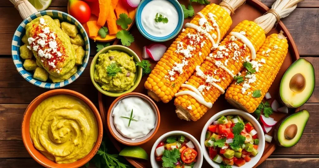 A vibrant spread of elote, featuring grilled corn on the cob topped with creamy mayonnaise, crumbled cotija cheese, and a sprinkle of chili powder. Surrounding the elote, a variety of delicious dips like guacamole in a colorful bowl, a tangy lime crema in a small dish, and a fresh salsa made with tomatoes, onions, and cilantro. Incorporate bright vegetables like sliced radishes and avocados for garnish, with a rustic wooden table as the backdrop.