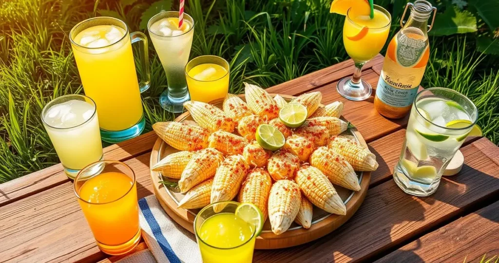 A vibrant outdoor picnic scene featuring a beautifully arranged platter of elote topped with cheese, chili powder, and lime. Surrounding the elote are various refreshing drinks like agua fresca in colorful cups, a pitcher of lemonade with ice, and tropical fruit-infused sparkling water. The setting includes a rustic wooden table, fresh green grass, and warm sunlight casting a cheerful glow over the delicious spread.