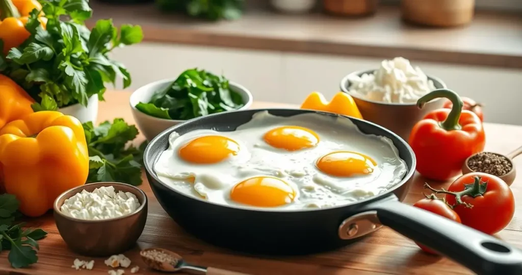 A vibrant kitchen scene featuring a frying pan with fluffy scrambled eggs, a bowl of creamy cottage cheese, and colorful vegetables like spinach, bell peppers, and tomatoes. Include dietary-friendly ingredients such as gluten-free herbs and spices, all arranged artistically on a wooden countertop. Soft morning light filtering through a window enhances the inviting atmosphere.