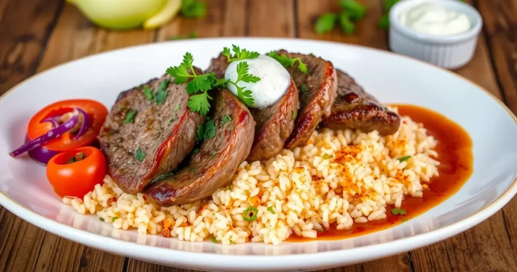 A beautifully plated dish of tender lamb slices resting on a bed of fluffy, seasoned rice, garnished with fresh herbs, vibrant vegetables, and a drizzle of savory sauce, set against a rustic wooden table background.