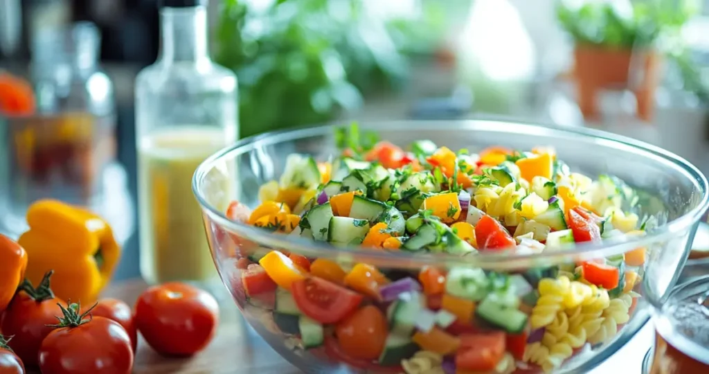 A vibrant pasta salad with colorful vegetables like cherry tomatoes, cucumbers, and bell peppers, mixed with pasta and fresh herbs, set on a kitchen counter, ready to be dressed and served.