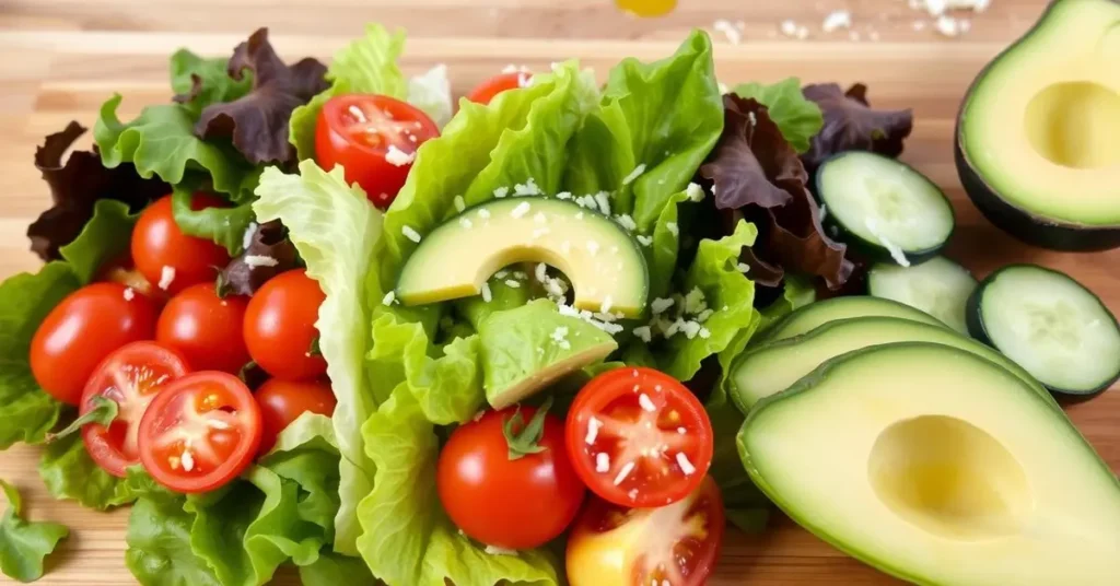 A colorful assortment of fresh vegetables ideal for a chicken Caesar wrap, featuring crisp romaine lettuce, vibrant cherry tomatoes, crunchy cucumbers, and sliced avocado, arranged artfully on a wooden cutting board, with a light drizzle of olive oil and a sprinkle of parmesan cheese in the background.