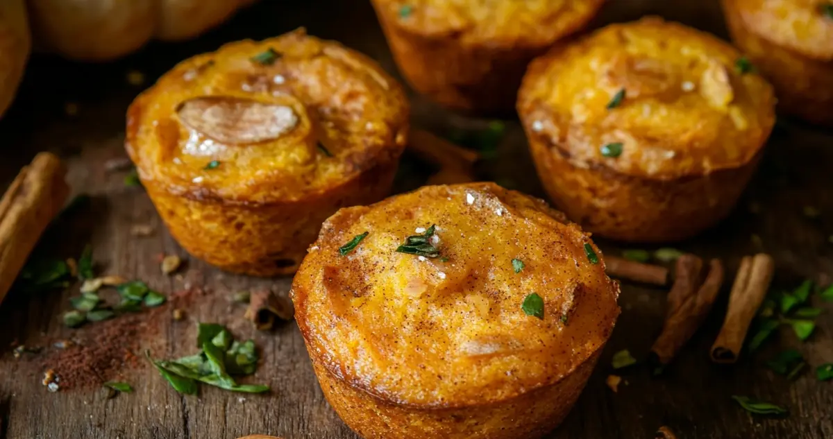 Freshly baked sweet potato muffins, golden brown with a soft, moist interior, surrounded by fall spices like cinnamon and nutmeg, creating a cozy and inviting autumn atmosphere.