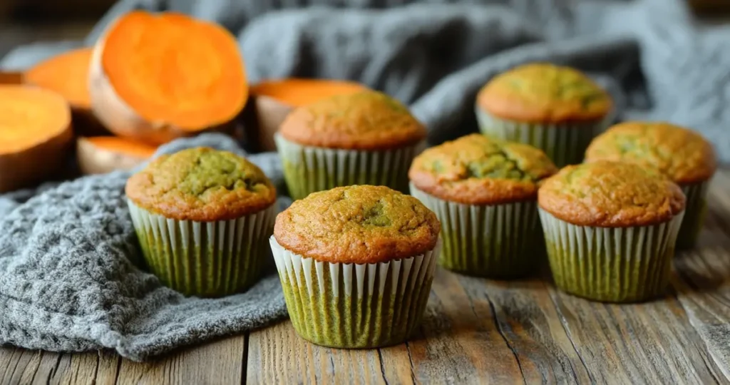 Freshly baked sweet potato muffins with a subtle green tint, highlighting an unexpected result. The muffins are arranged on a wooden table with sweet potato slices and a soft kitchen cloth, showcasing their moist texture and golden crust.
