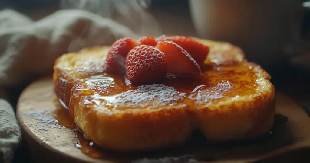 A plate of crispy sourdough French toast topped with fresh strawberries, powdered sugar, and maple syrup, set in a cozy breakfast setting with a cup of coffee.