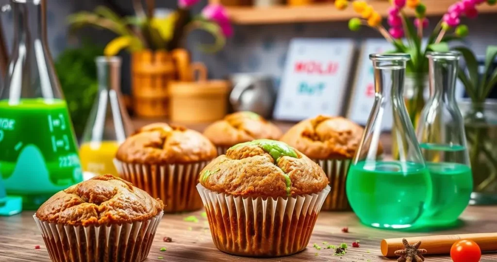 A close-up of a vibrant kitchen scene featuring sweet potato muffins with a surprising green hue, surrounded by scientific elements like beakers and test tubes, showcasing a color change reaction, with splashes of colorful ingredients and a whimsical backdrop of plants, emphasizing the theme of food science and chemistry.