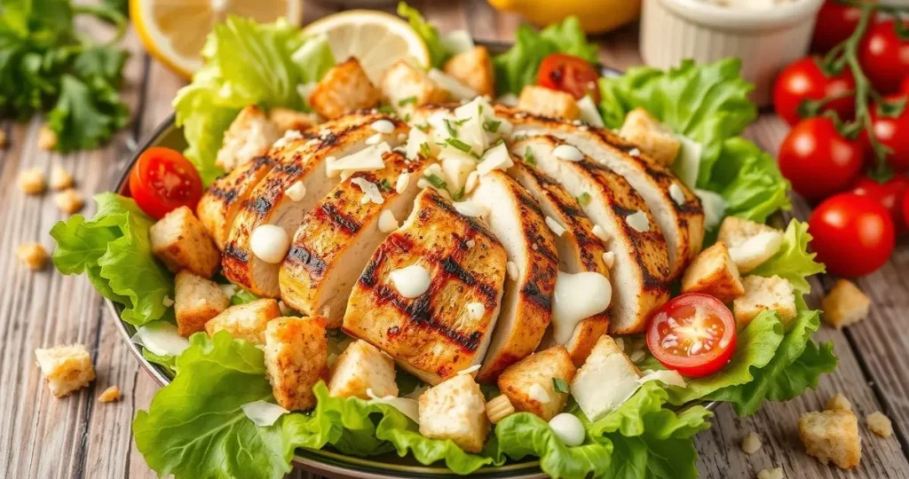 A vibrant and colorful grilled chicken Caesar salad displayed on a rustic wooden table, featuring slices of juicy grilled chicken breast atop a bed of crisp romaine lettuce, sprinkled with shaved Parmesan cheese, crunchy croutons, and drizzled with creamy Caesar dressing, surrounded by fresh ingredients like lemon wedges and cherry tomatoes, emphasizing healthy portion sizes in an inviting, appetizing presentation.