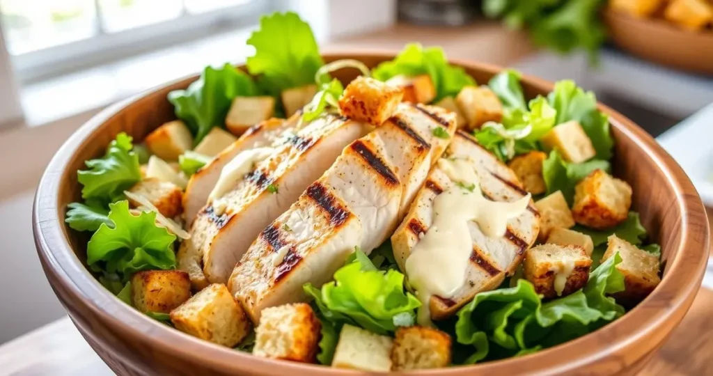 A vibrant and fresh grilled chicken Caesar salad, featuring tender slices of grilled chicken breast atop a bed of crisp romaine lettuce, garnished with shaved parmesan cheese, crunchy croutons, and drizzled with creamy Caesar dressing. The salad is presented in a rustic wooden bowl, surrounded by a light and airy kitchen setting with natural sunlight illuminating the scene.