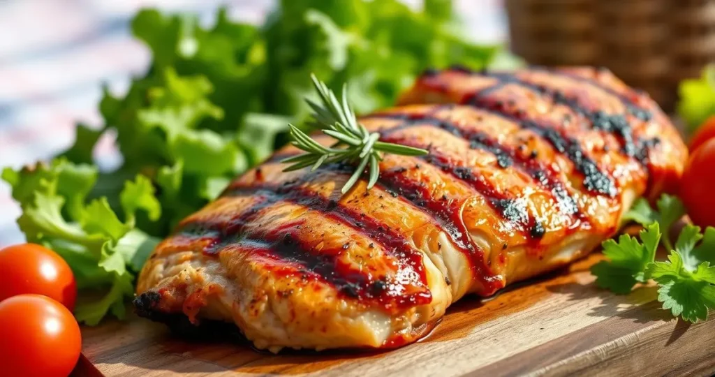 Juicy grilled chicken breast with golden-brown grill marks, garnished with fresh rosemary and served on a rustic wooden cutting board, surrounded by vibrant green lettuce and cherry tomatoes, soft-focus background of a sunny picnic setting.