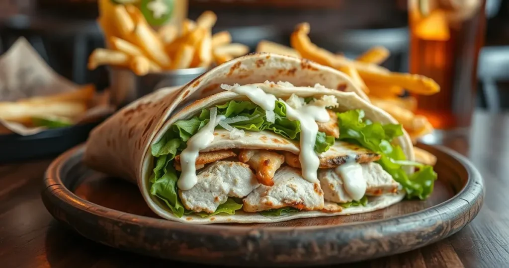 A delicious grilled chicken Caesar wrap on a wooden table, featuring layers of tender grilled chicken, fresh romaine lettuce, creamy Caesar dressing, and shredded Parmesan cheese, all wrapped in a warm tortilla. The scene includes a side of crispy golden French fries and a refreshing drink, with a soft focus background of a cozy café setting.