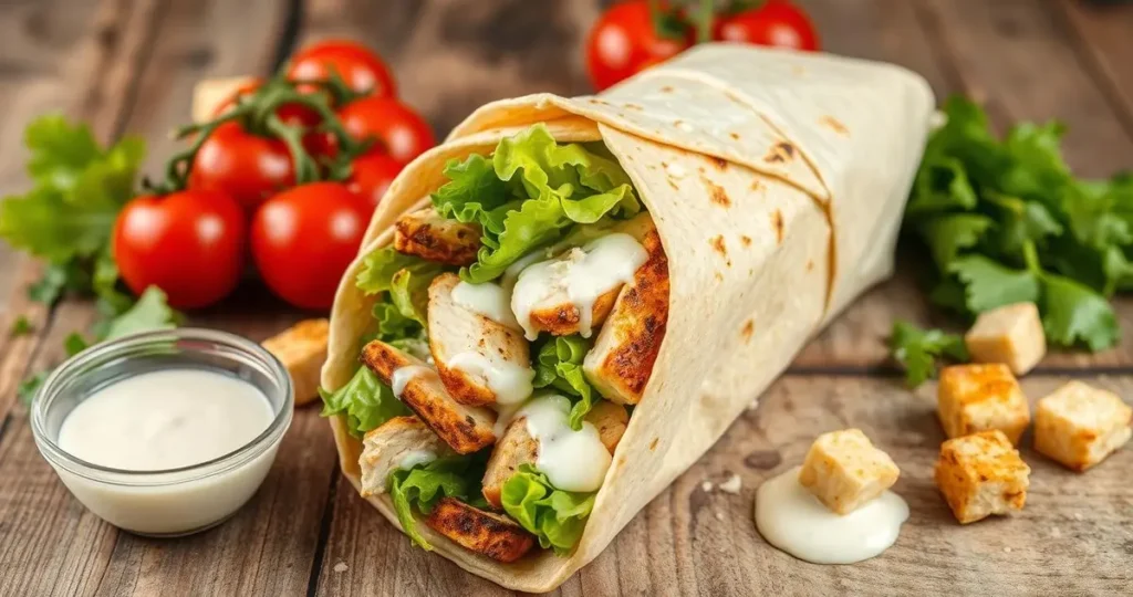 A vibrant and appetizing grilled chicken Caesar wrap, artfully arranged on a rustic wooden table. The wrap is filled with succulent grilled chicken, crisp romaine lettuce, creamy Caesar dressing, and sprinkled with Parmesan cheese, all wrapped in a soft, warm tortilla. Surrounding the wrap are fresh ingredients such as cherry tomatoes, croutons, and a side of Caesar dressing in a small bowl. Soft natural lighting highlights the textures and colors of the wrap and ingredients, evoking a healthy, delicious meal experience.