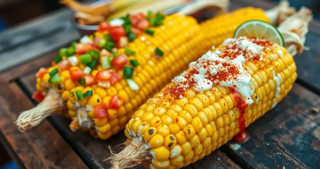 An enticing close-up of two types of grilled corn on a rustic wooden table, one featuring vibrant yellow street corn with colorful toppings like diced tomatoes and green onions, the other showcasing elote with creamy sauce, cotija cheese, and a sprinkle of chili powder, garnished with lime wedges, all surrounded by a warm outdoor grilling atmosphere.