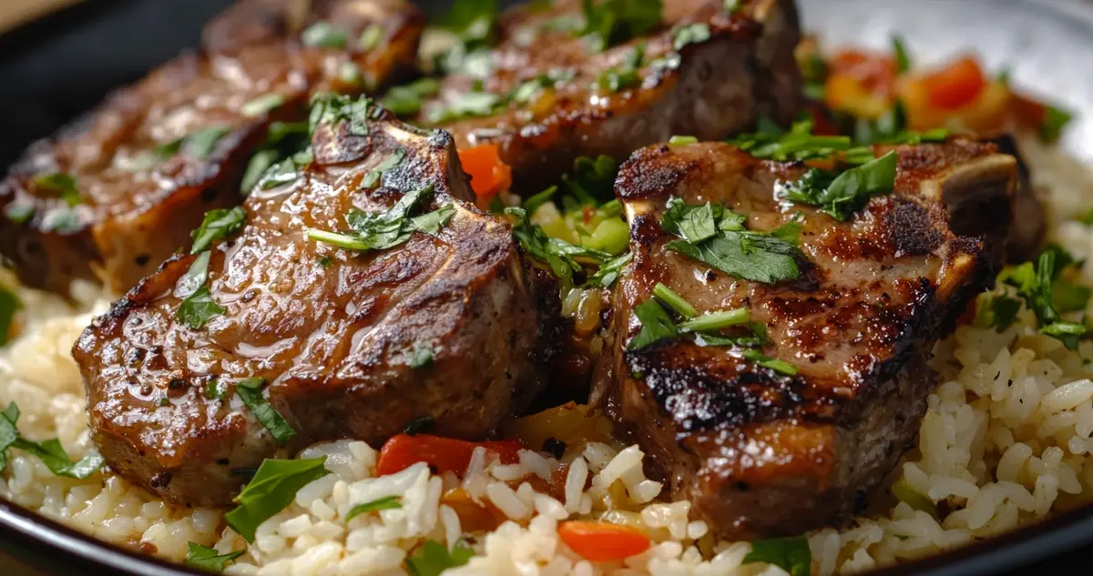 Delicious lamb over rice served with tender lamb chops, seasoned rice, fresh herbs, and vibrant vegetables, creating a warm and satisfying meal.