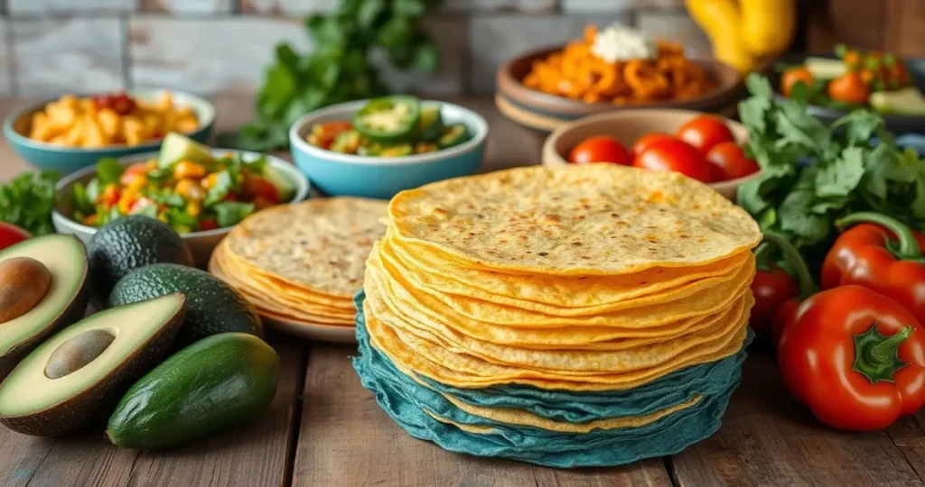 A vibrant array of freshly made corn tortillas stacked on a rustic wooden table, surrounded by colorful ingredients like avocados, tomatoes, and cilantro, with a soft, natural light illuminating the scene, evoking a sense of health and gluten-free goodness.