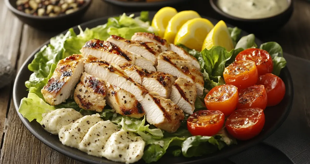 Grilled chicken Caesar salad with crisp romaine lettuce, tender chicken slices, cherry tomatoes, Parmesan shavings, and a drizzle of Caesar dressing, served with lemon wedges and fresh ingredients in the background.