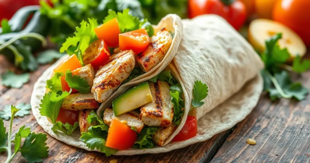 A vibrant grilled chicken wrap filled with fresh greens, tomatoes, avocado, and a light drizzle of vinaigrette, surrounded by colorful vegetables on a rustic wooden table, bright natural lighting highlighting the textures of the ingredients.