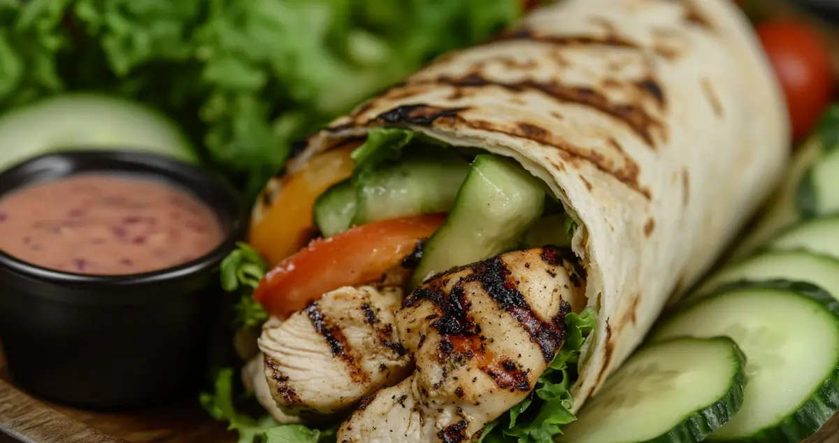 Close-up of a healthy grilled chicken wrap with lean grilled chicken, fresh greens, and vegetables wrapped in a whole wheat tortilla, served with a side of dipping sauce and fresh ingredients in the background.