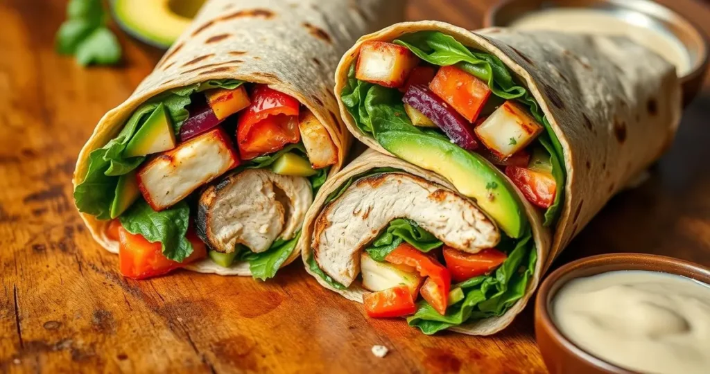 A vibrant, healthy grilled chicken wrap cut in half, showcasing colorful fresh vegetables like spinach, tomatoes, and bell peppers, wrapped in a whole grain tortilla, garnished with avocado slices, on a rustic wooden table with a side of light dipping sauce, bright and appetizing lighting.