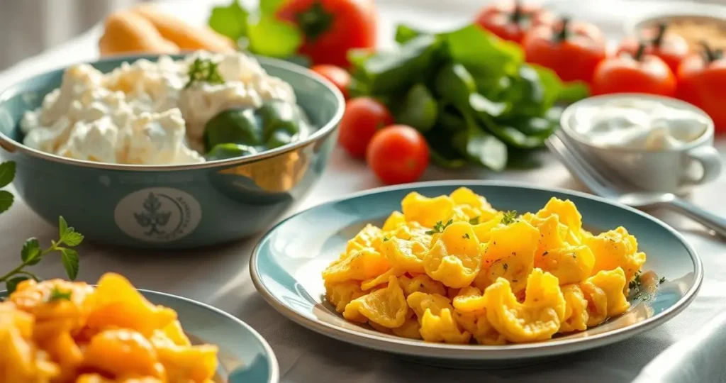 A vibrant breakfast scene featuring a beautifully plated dish of scrambled eggs, fluffy and golden, beside a serving of creamy cottage cheese. The background includes fresh vegetables like tomatoes and spinach, with a sprinkle of herbs for garnish. Natural morning light streams in, highlighting the textures and colors of the food. Elegant tableware and soft linen add to the inviting atmosphere, creating a healthy and balanced breakfast aesthetic.