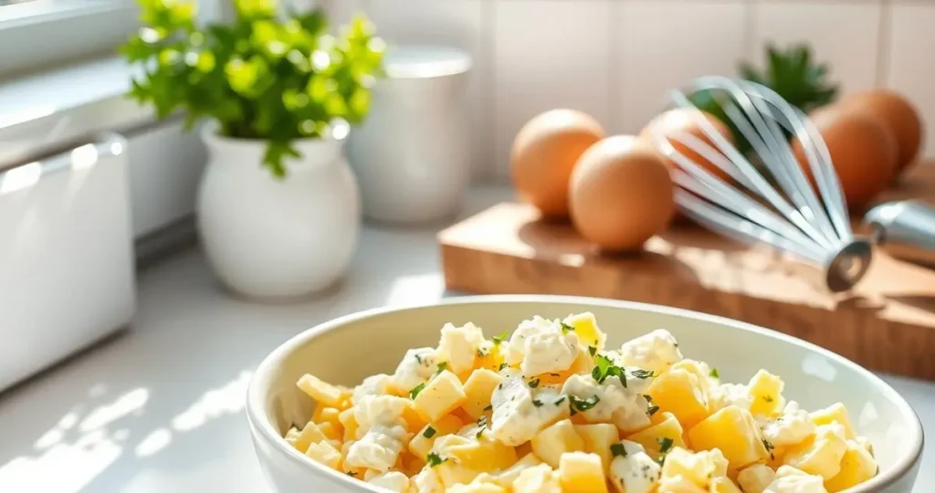 A vibrant kitchen scene featuring a bowl of fluffy scrambled eggs mixed with creamy cottage cheese, garnished with fresh herbs, sitting next to a whisk and eggs on a wooden cutting board, bright morning light streaming through a window.