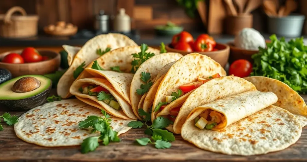 A vibrant assortment of keto-friendly tortillas, showcasing various creative alternatives to traditional corn tortillas, including almond flour, coconut flour, and cauliflower-based options, arranged on a rustic wooden table surrounded by fresh ingredients like avocados, tomatoes, and leafy greens, with a warm, inviting kitchen background.