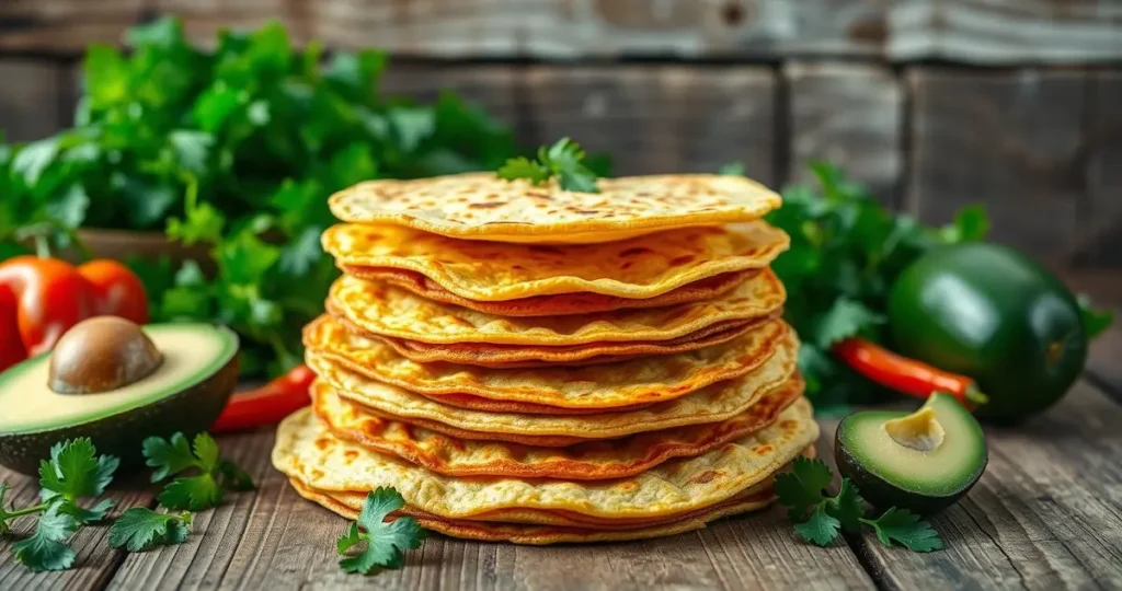 A rustic wooden table showcasing beautifully stacked keto-friendly corn tortillas, surrounded by fresh avocados, vibrant green herbs, and colorful peppers, with natural lighting creating a warm and inviting atmosphere. The tortillas should have a golden-brown hue with a slightly crispy texture, emphasizing their keto-approved nature.