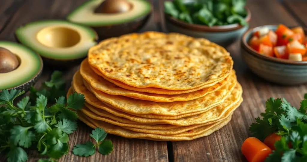 A close-up of golden-brown keto corn tortillas stacked beautifully on a rustic wooden table, surrounded by fresh ingredients like avocado slices, vibrant pico de gallo, and a bowl of cilantro, with soft natural lighting enhancing the textures and colors.