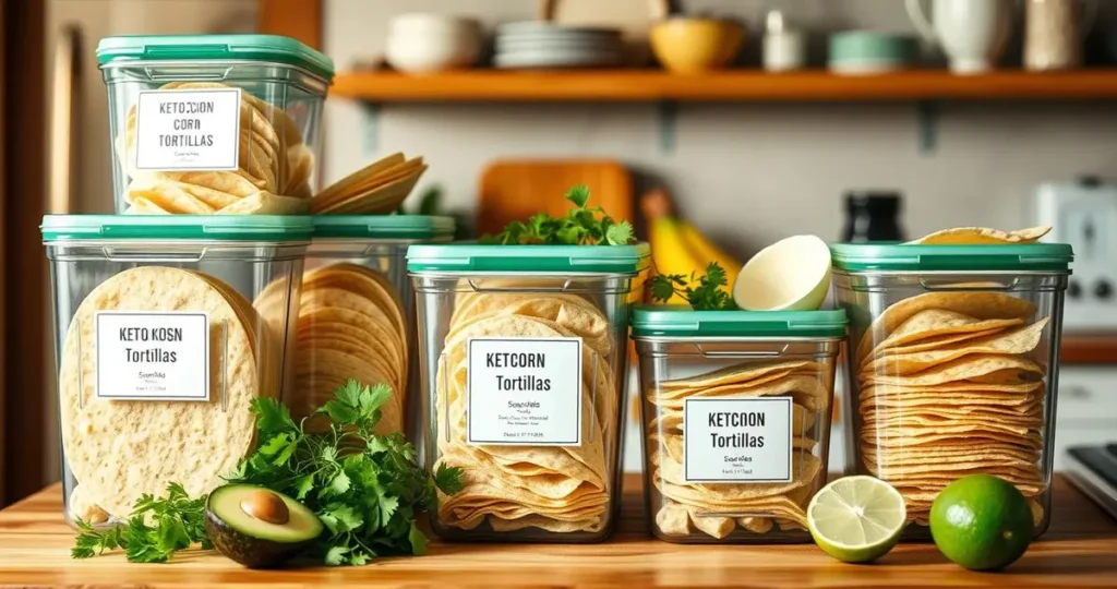 A neatly organized kitchen scene showcasing a variety of keto-friendly corn tortillas stored in clear, labeled containers on a wooden countertop, surrounded by fresh ingredients like avocados, cilantro, and lime, with a warm, inviting atmosphere and natural lighting illuminating the tortillas.