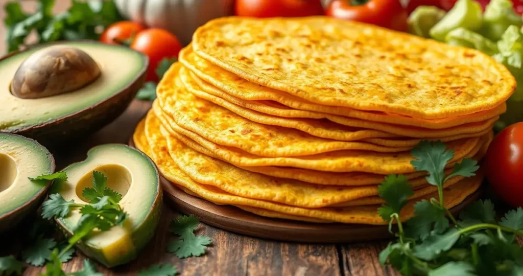 A close-up shot of a stack of golden, keto-friendly corn tortillas on a rustic wooden table, surrounded by fresh ingredients like avocado slices, vibrant tomatoes, crisp lettuce, and cilantro, with soft lighting that highlights the textures and colors of the food.