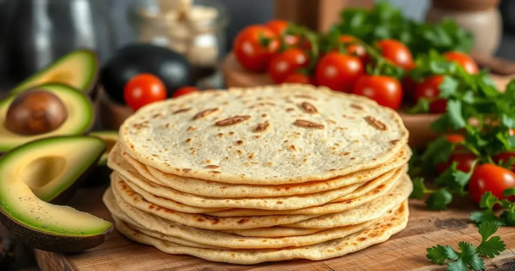 A stack of golden-brown almond flour tortillas, resting on a rustic wooden surface, surrounded by fresh ingredients like avocado slices, cherry tomatoes, and cilantro. Soft natural lighting enhances the textures of the tortillas, highlighting their delicate grain. The background features a blurred kitchen setting, adding warmth and inviting ambiance.