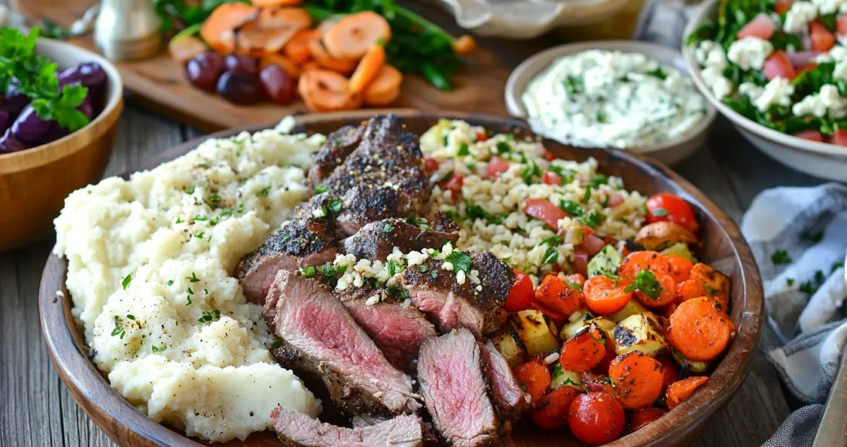 A variety of side dishes for lamb over rice, including fresh salads, aromatic rice, roasted vegetables, creamy mashed potatoes, and flavorful sauces, arranged on a rustic wooden table. The image showcases a colorful and inviting meal, highlighting textures and flavors that complement lamb over rice.