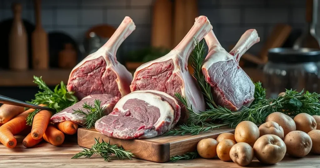 A visually appealing still life arrangement featuring various cuts of lamb meat displayed on a wooden butcher block, surrounded by fresh herbs like rosemary and thyme, alongside seasonal vegetables like carrots and potatoes, all set in a rustic kitchen environment with warm, inviting lighting.