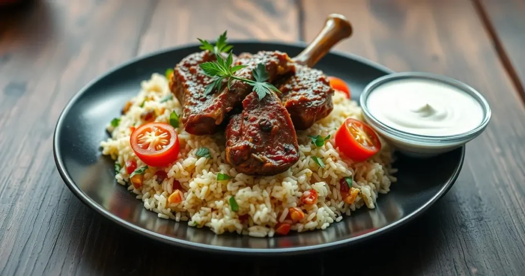 A beautifully plated dish of tender lamb over fluffy basmati rice, garnished with fresh herbs and sliced tomatoes, served on a rustic wooden table with a side of tangy yogurt sauce. The lamb is golden-brown, with spices glistening, while the rice is speckled with colorful vegetables. Soft lighting enhances the inviting textures and colors of the meal.